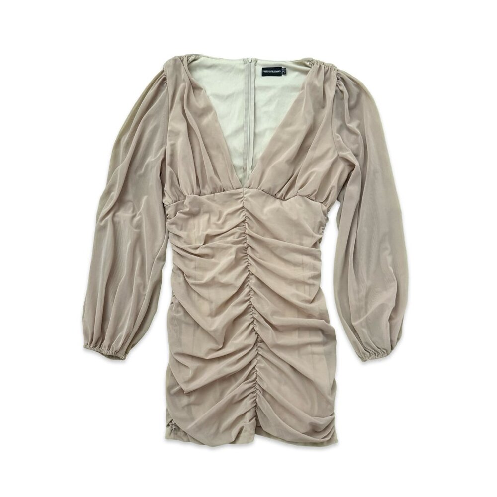 Pretty Little Thing Stone Mesh Ruched Balloon Sleeve Bodycon Dress - Size 12